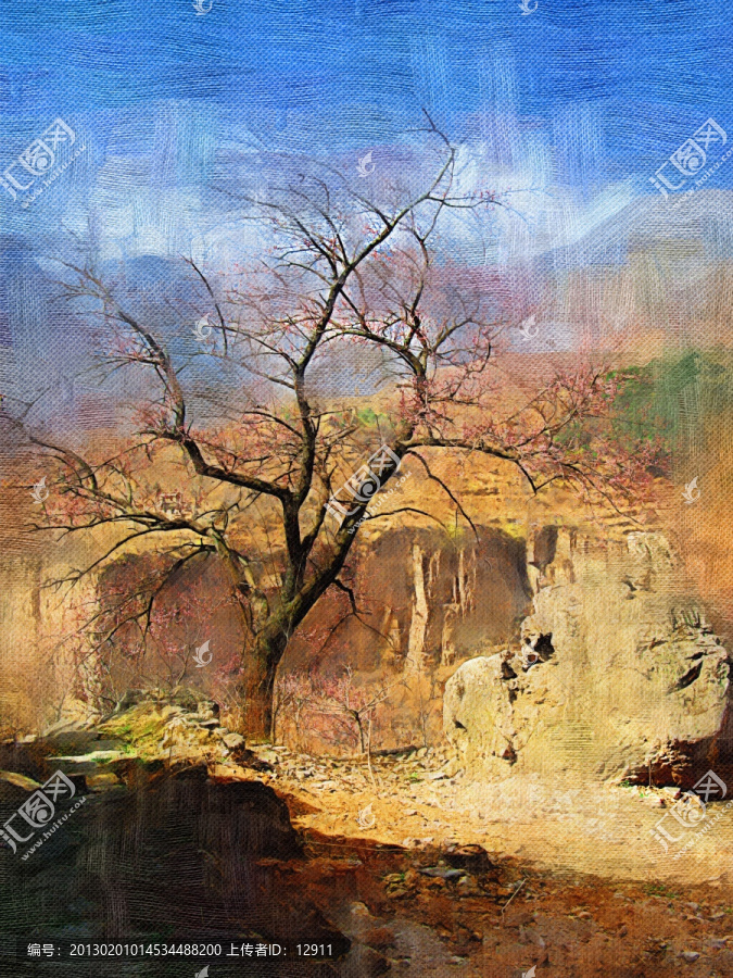 桃花樹,風(fēng)景油畫