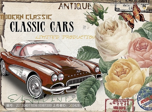 老爺車,歐美風格,無框畫,裝飾畫,花卉,蝴蝶