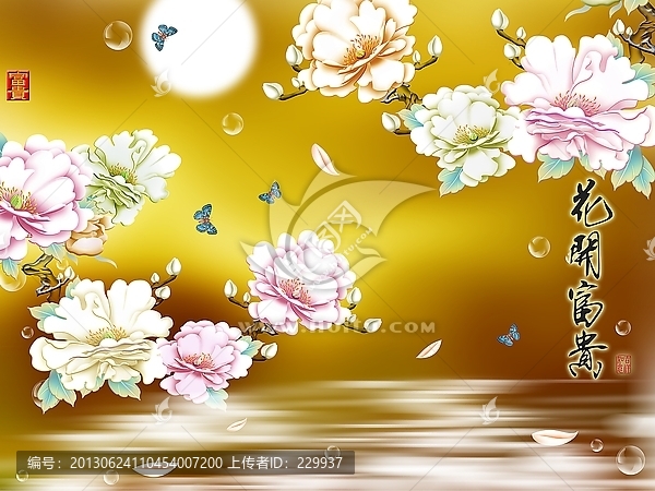 手繪浮雕背景,,花開富貴