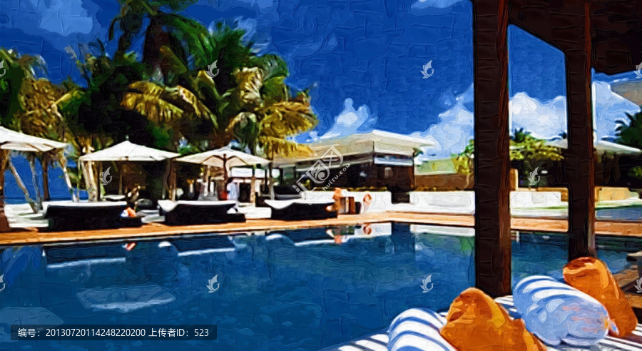馬爾代夫酒店風(fēng)景油畫