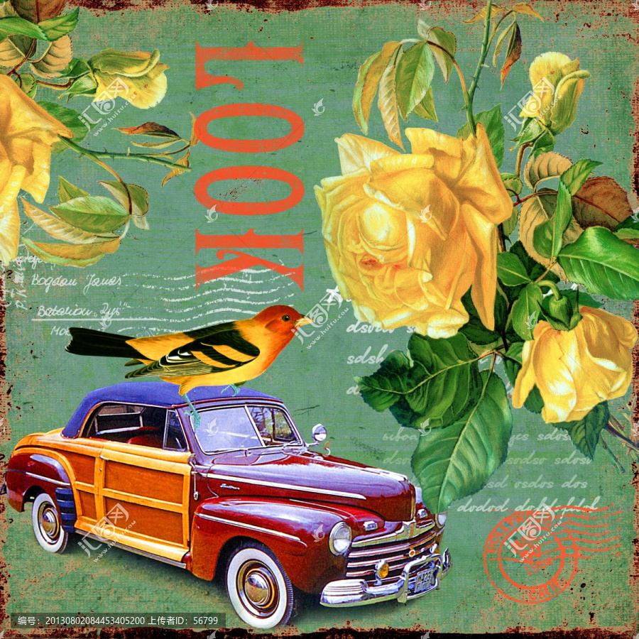 老爺車(chē),花卉,無(wú)框畫(huà),合理分層