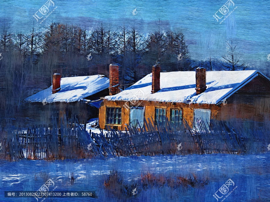 山村冬雪圖,電腦油畫