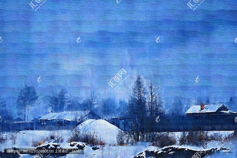 山村冬雪圖,電腦油畫