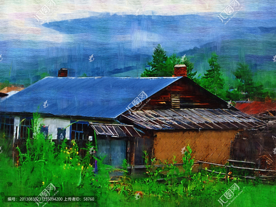 山村人家,電腦油畫