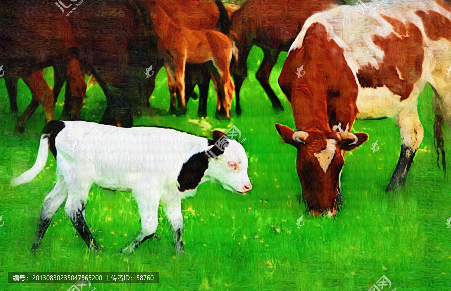 牧场牛犊,电脑油画