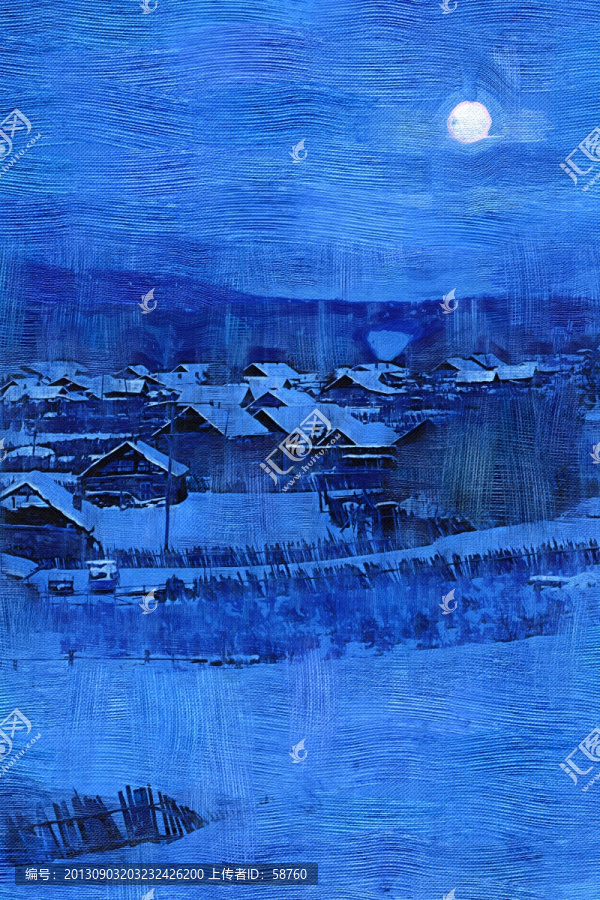 山村月色圖,電腦油畫