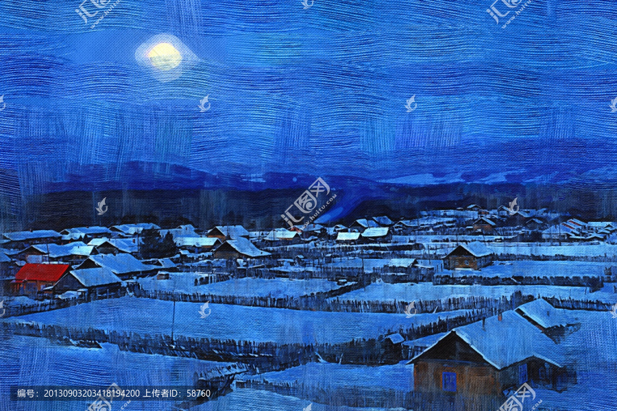 山村月色圖,電腦油畫