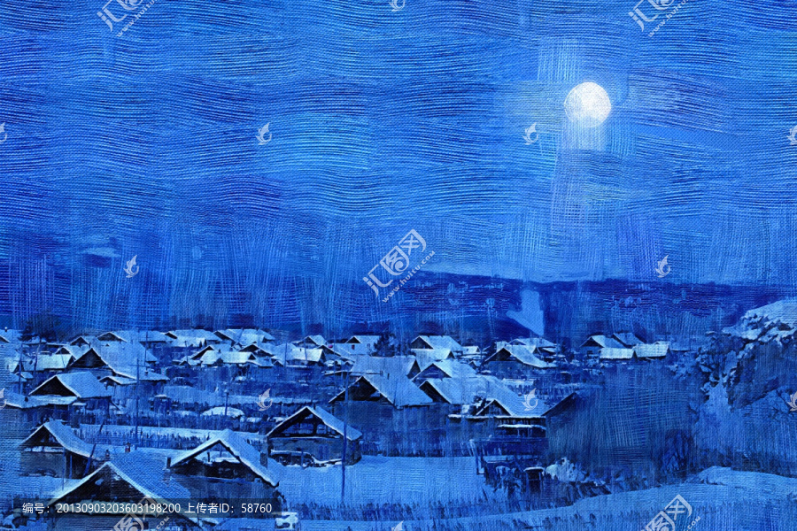 山村月色圖,電腦油畫