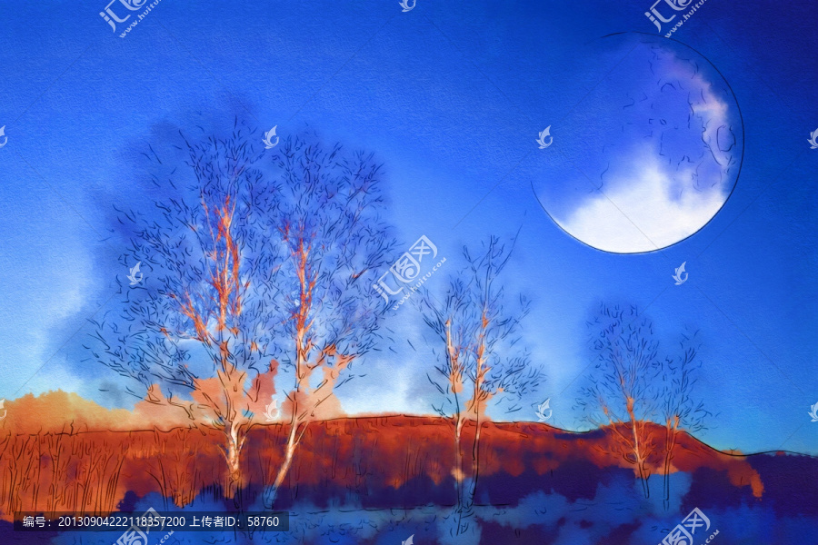 月光樹林,電腦水彩畫