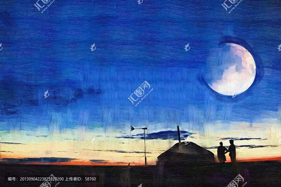 草原月亮之夜,電腦油畫