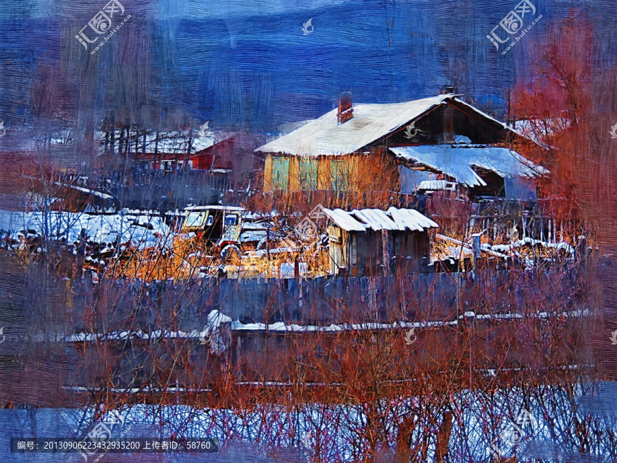 山村人家,電腦油畫