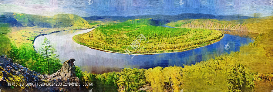 河灣秋色圖,電腦油畫