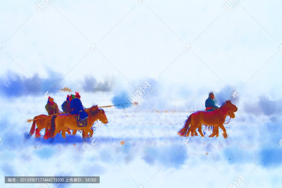 草原踏雪圖,電腦水彩畫