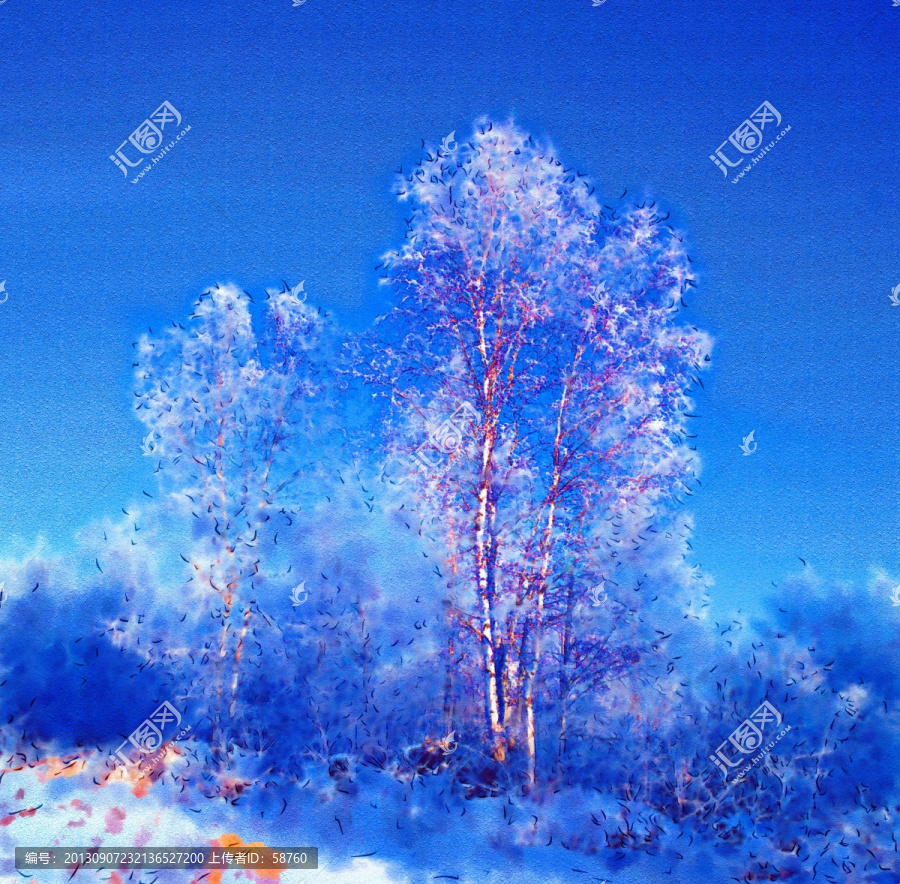 白樺雪韻,電腦水彩畫