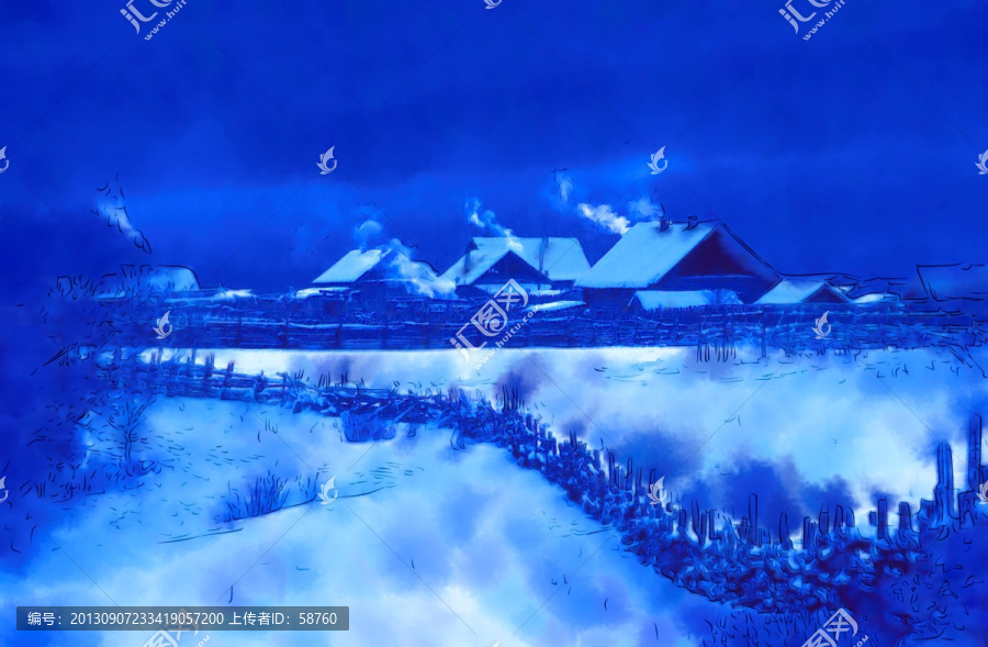 雪鄉(xiāng)冬韻圖,電腦水彩畫