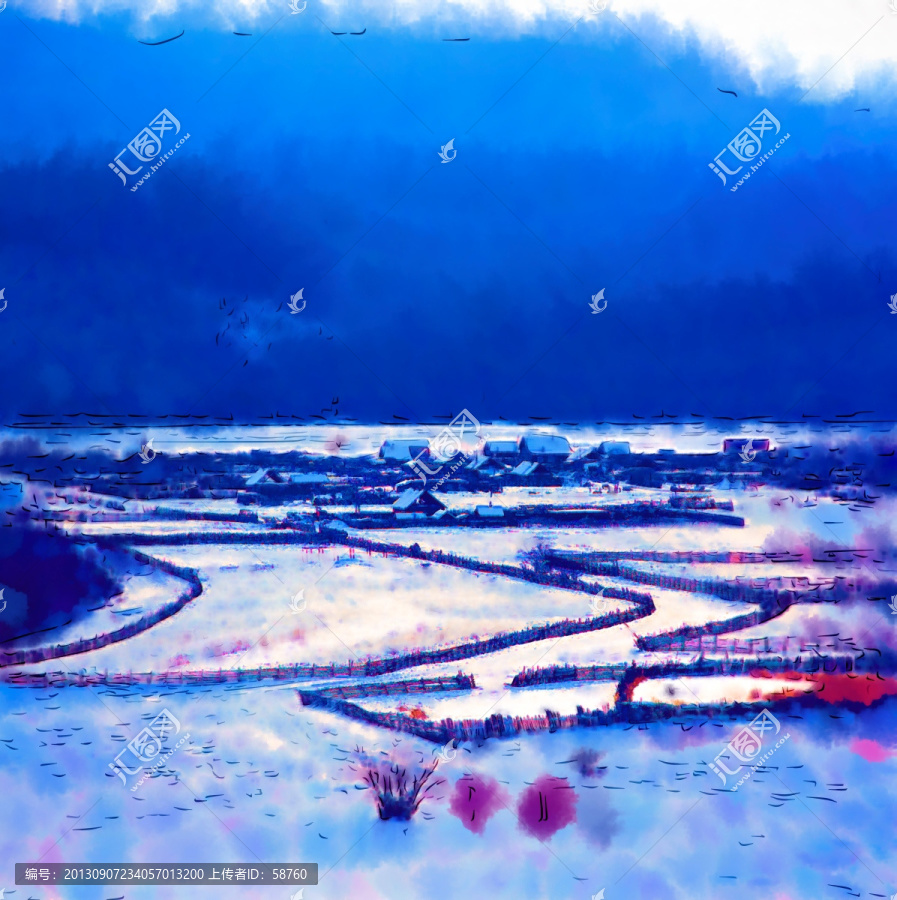 雪鄉(xiāng)冬韻圖,電腦水彩畫