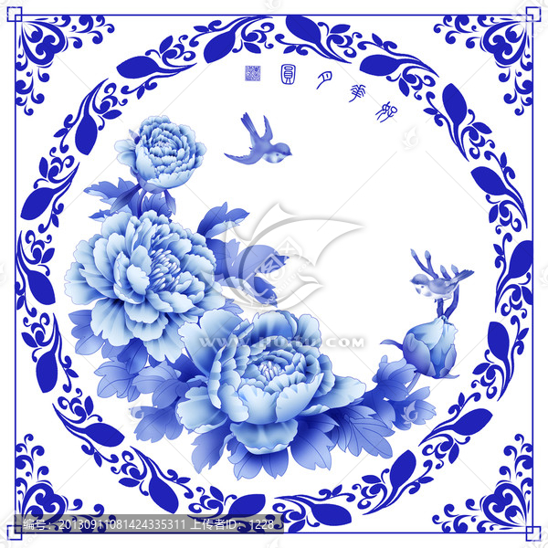 青花,牡丹花鳥