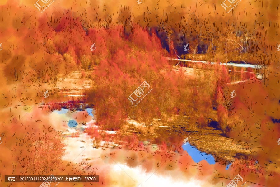紅柳雪韻圖,電腦水彩畫