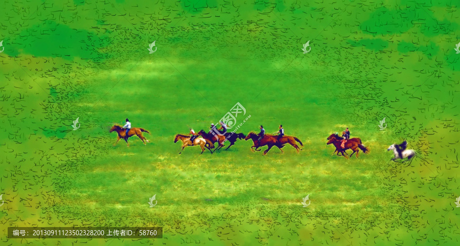 牧場賽馬圖,電腦水彩畫