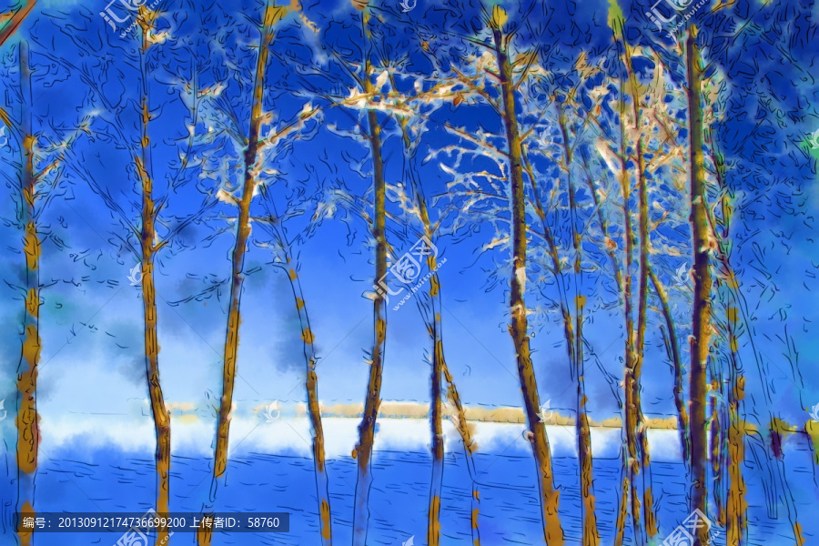 雪原樹林,電腦水彩畫
