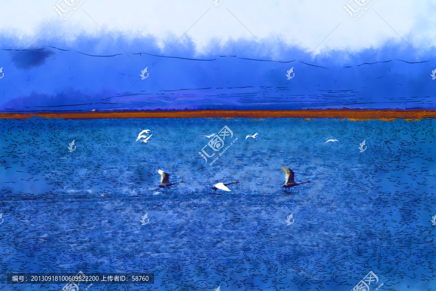 藍(lán)色天鵝湖,電腦水彩畫