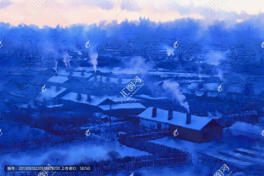 山村冬天的早晨,電腦畫