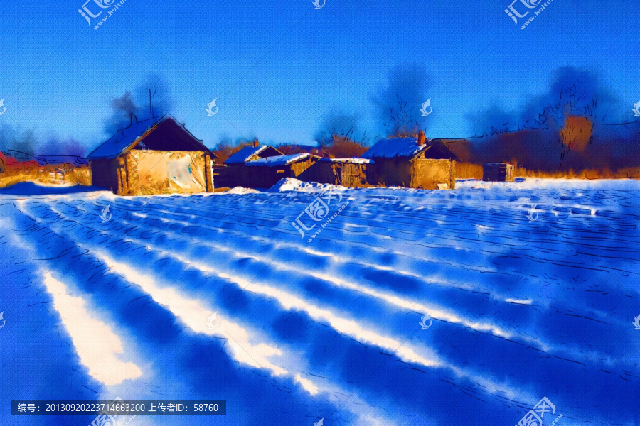 山里人家雪景,電腦水彩畫