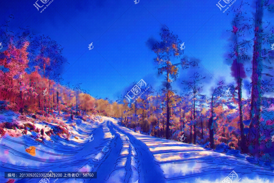 冰林雪路,電腦水彩畫