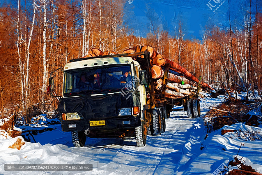 雪路運(yùn)木材,電腦油畫
