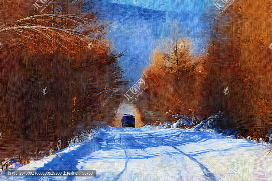 森林雪路圖,電腦油畫