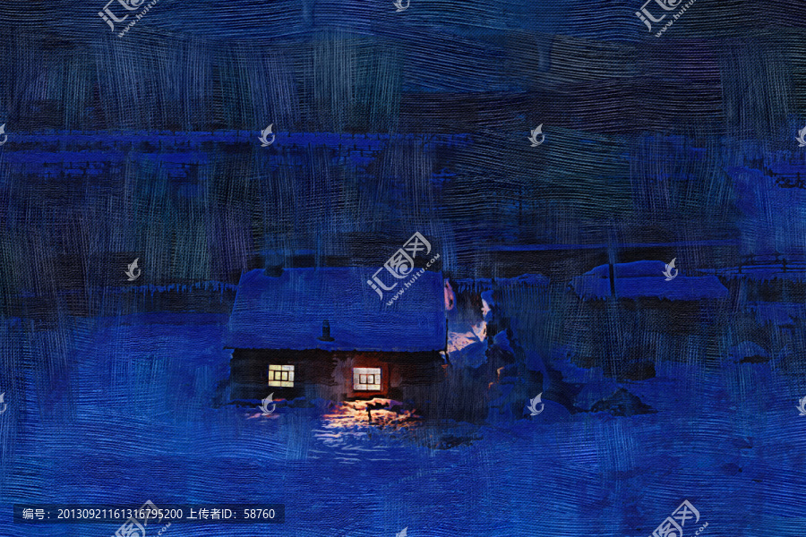 雪鄉(xiāng)人家寒夜圖,電腦油畫
