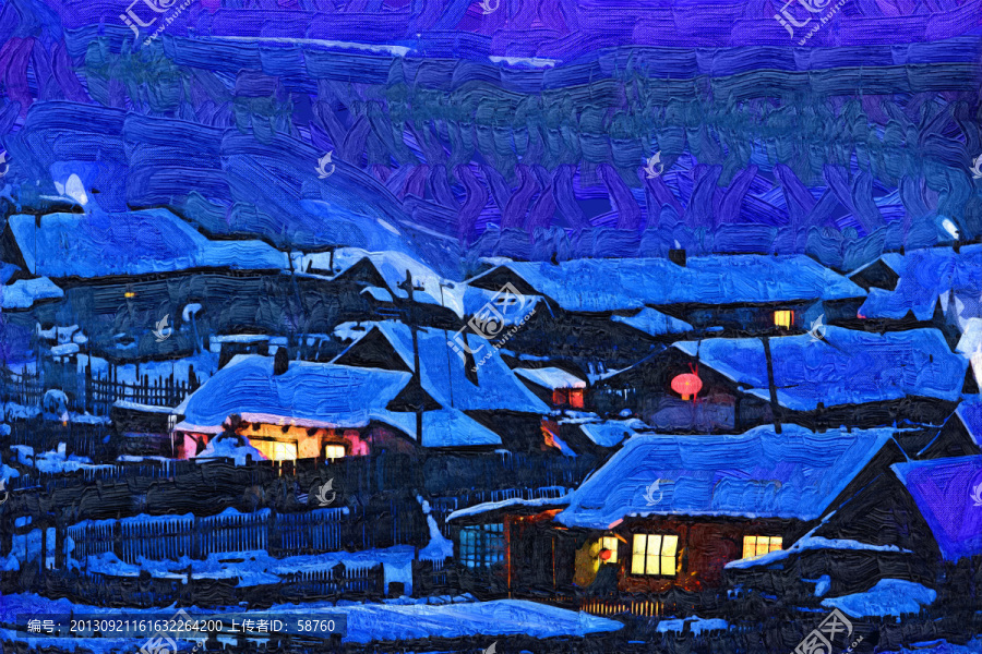 雪鄉(xiāng)夜色炊煙美,電腦抽象畫(huà)