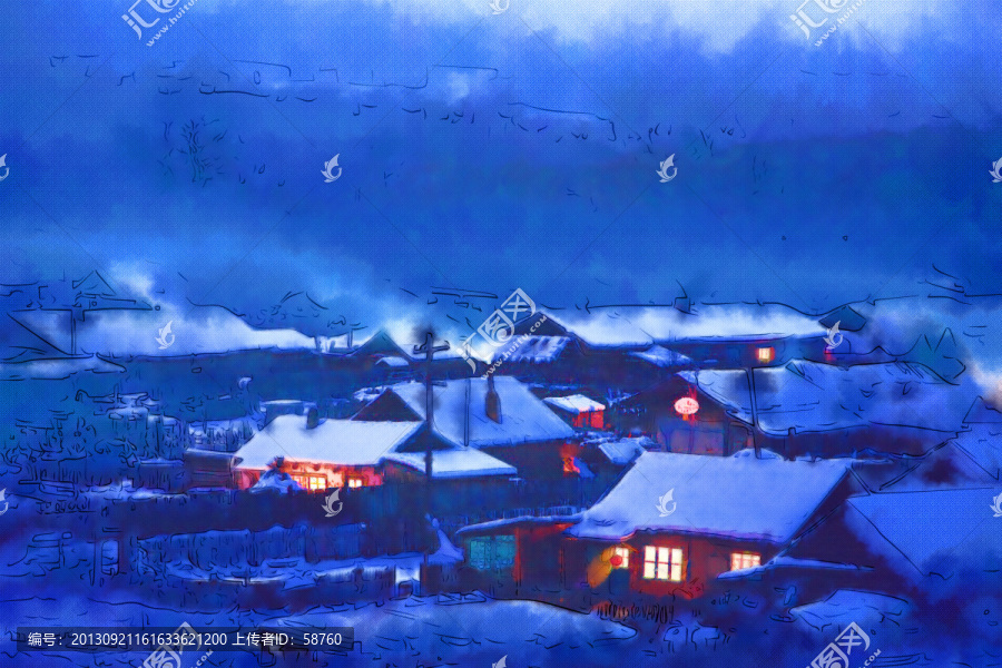 山村冬夜美,電腦油畫