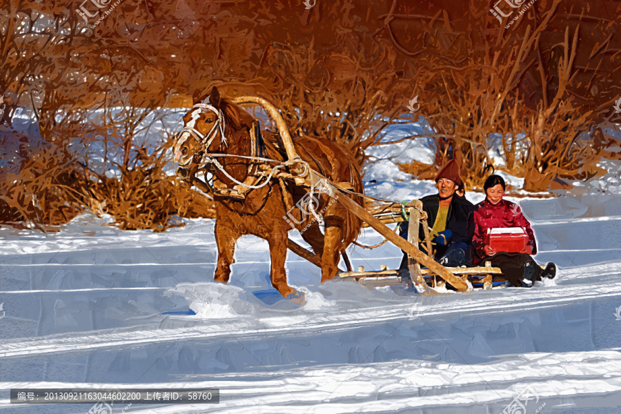 馬拉爬犁踏雪圖,電腦油畫