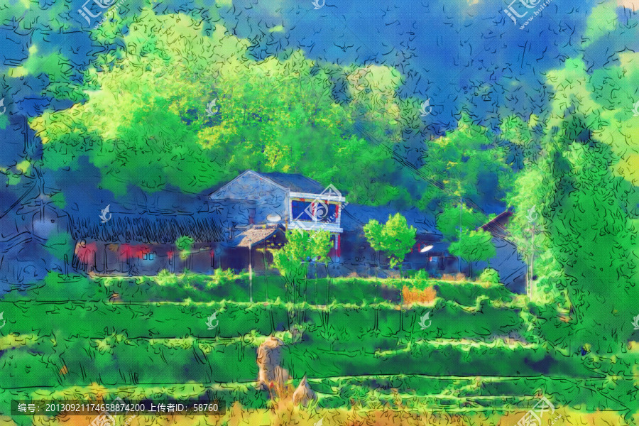 山村農(nóng)居圖,電腦水彩畫