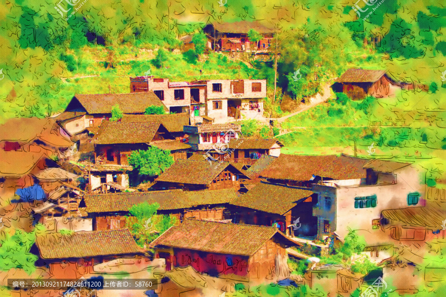山村農(nóng)居圖,電腦水彩畫