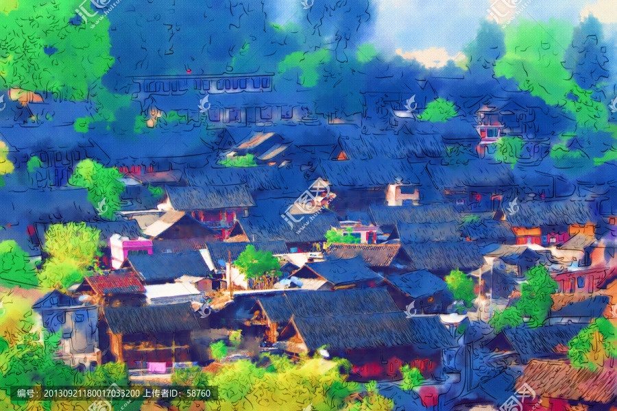 山村農(nóng)居圖,電腦水彩畫