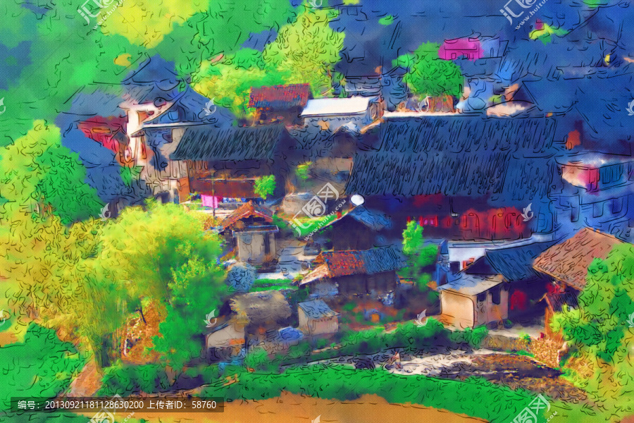 山村農(nóng)居圖,電腦水彩畫