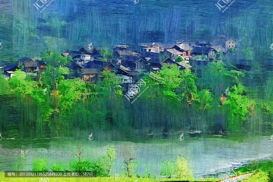 山村民居圖,電腦油畫