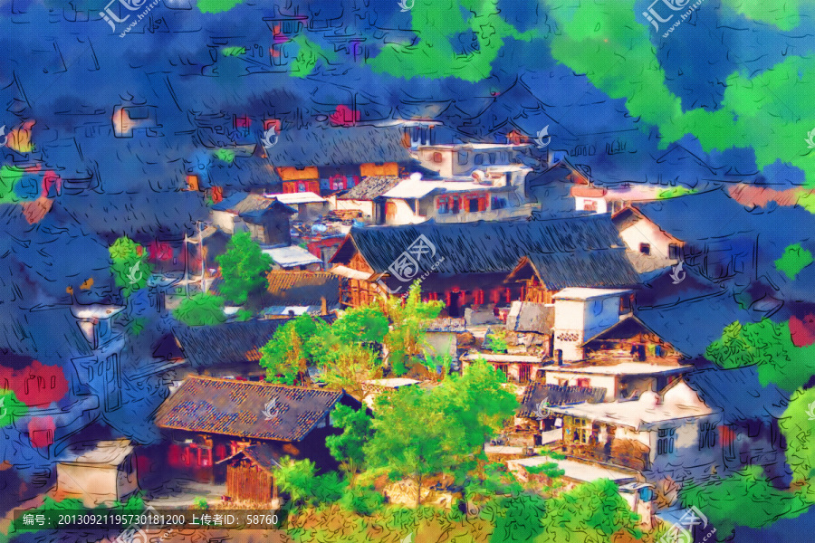 山村農居圖,電腦水彩畫