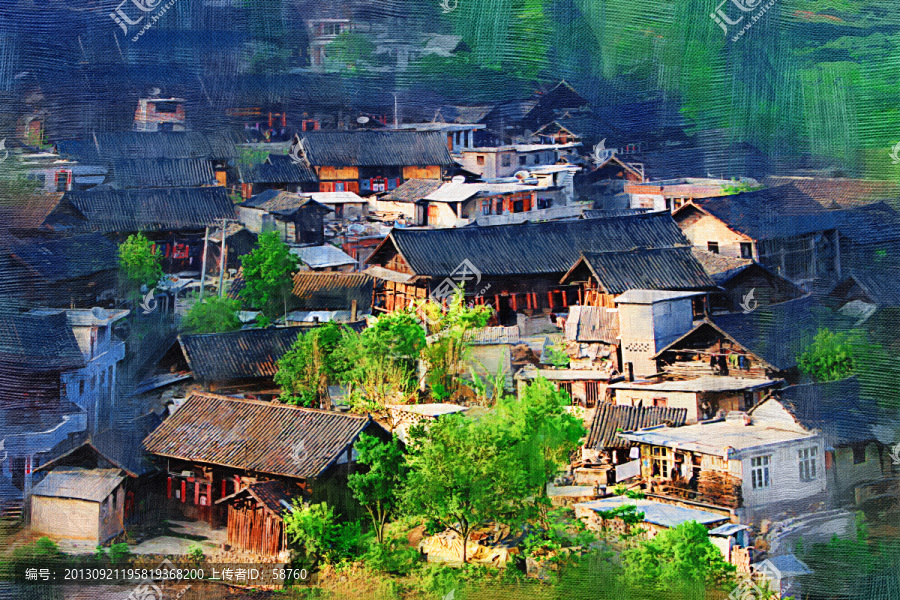 山村,電腦油畫