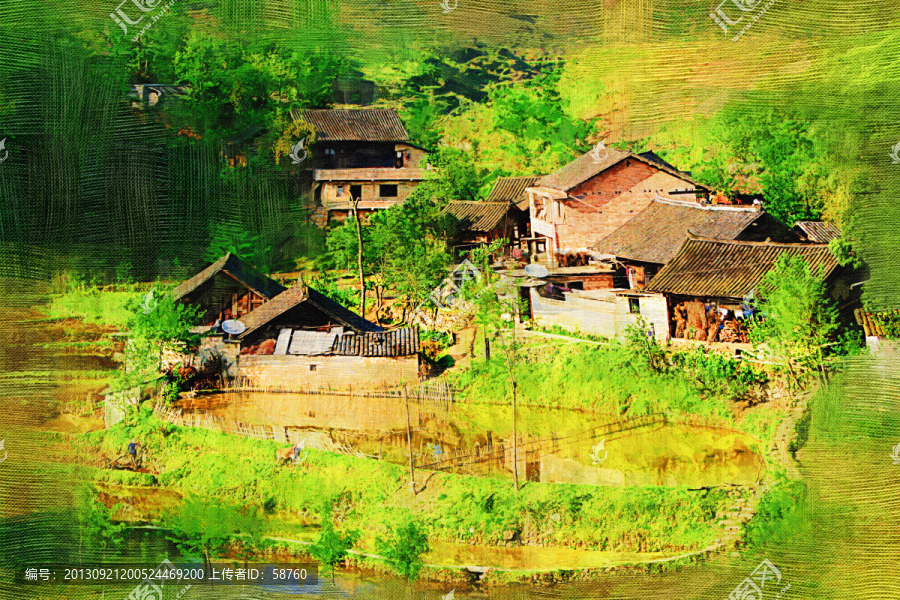 山村春色圖,電腦油畫