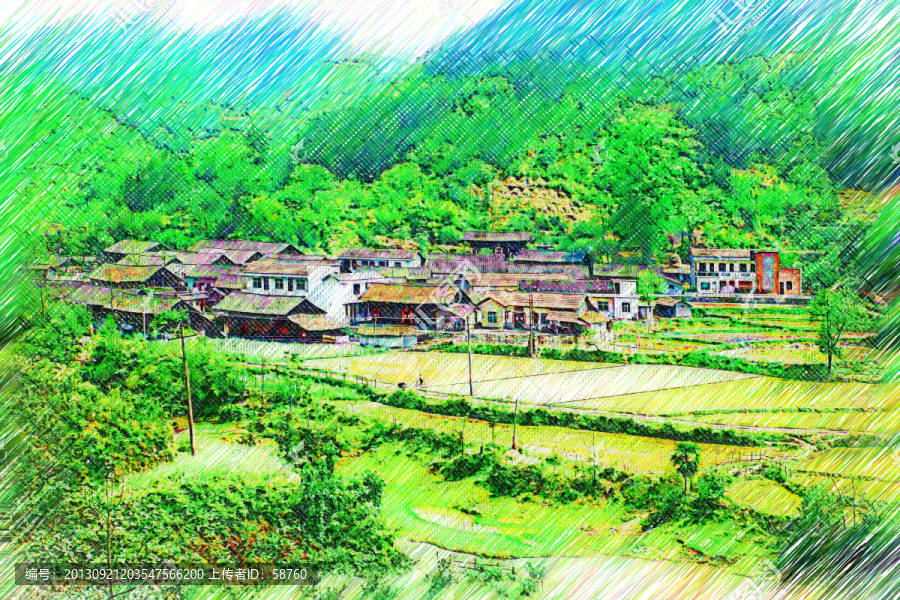 山村春意圖,電腦鉛筆畫