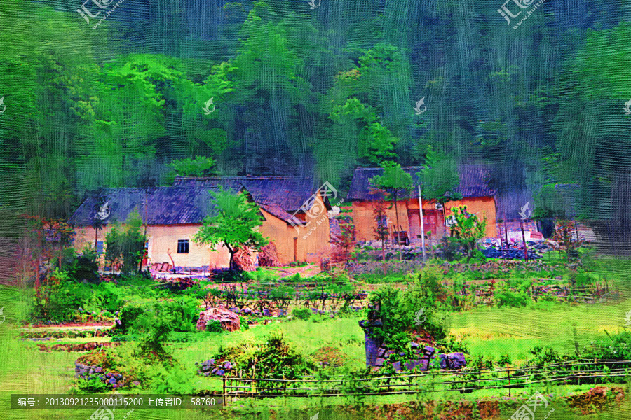 山村民居圖,電腦油畫