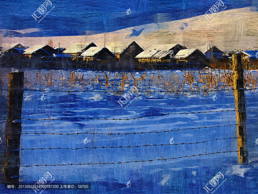 山村農(nóng)家雪景,電腦油畫