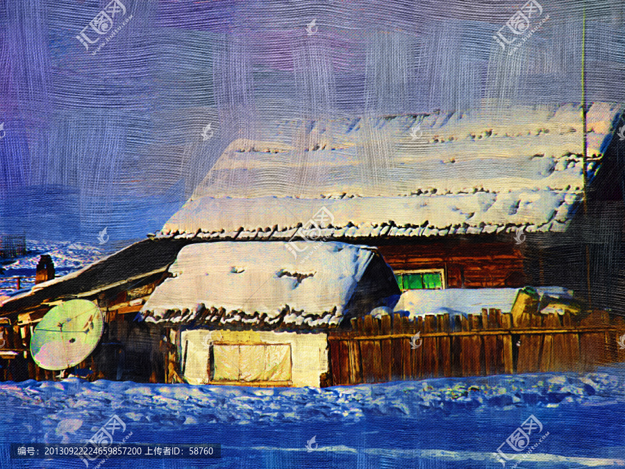 山村农家雪景,电脑油画