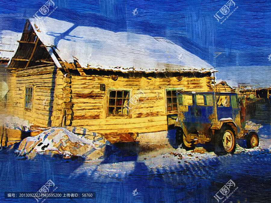 山村農(nóng)家雪景,電腦油畫