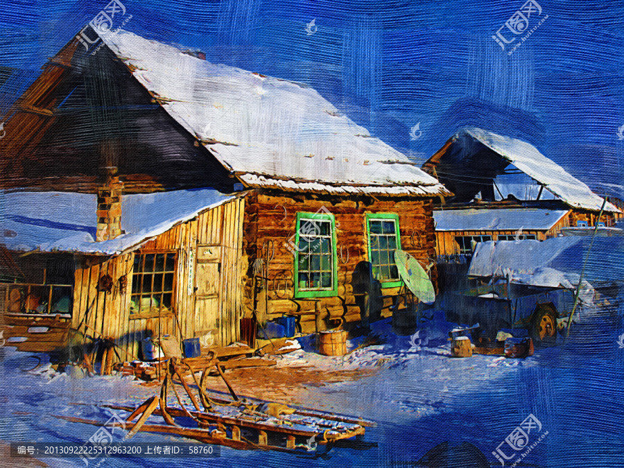 山村農(nóng)家雪景,電腦油畫