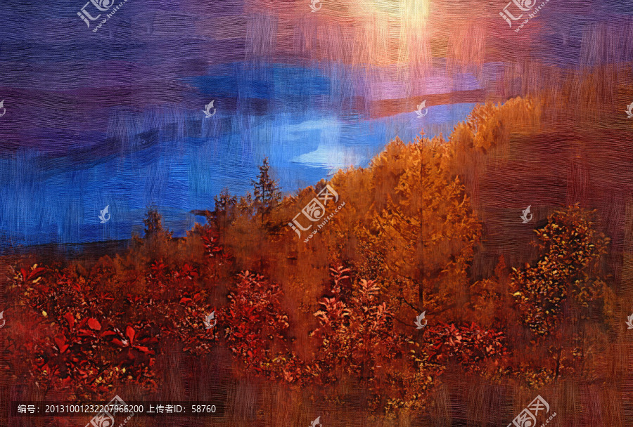 湖畔紅葉,電腦油畫