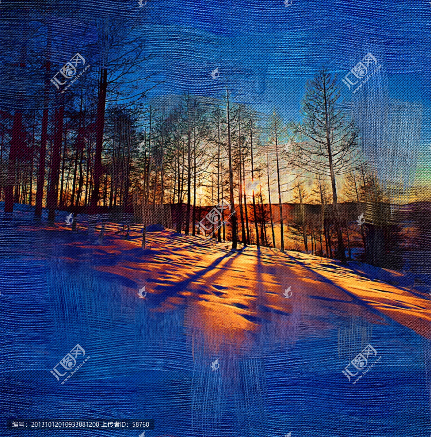 雪林夕照,電腦油畫